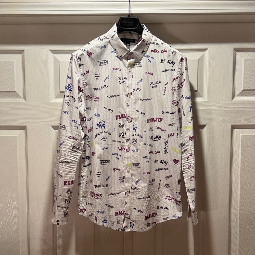 INC International Concepts White Shirt with Graphic Text Print